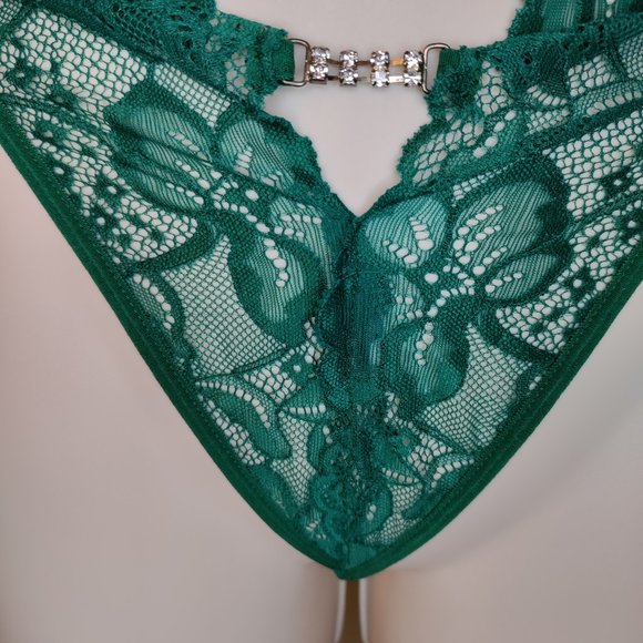 Christmas Lingerie Teddy Lingerie Green Halter V Neck Lace Bodysuit - Picture 5 of 10